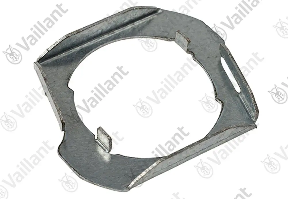 Metallhalter von Vaillant für Siphon, mit einer offenen Form und seitlichen Einkerbungen zur Befestigung. Er dient zur sicheren Montage in Heizungsanlagen.